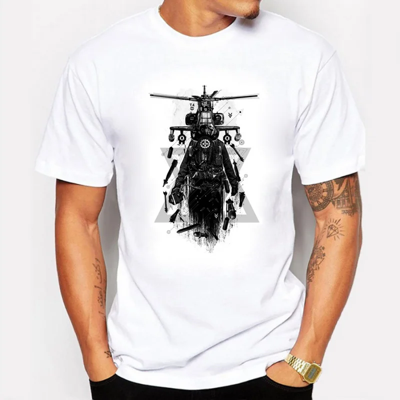 

BLWHSA summer Men T-Shirts 100% Cotton Printing Apache Helicopter Gunships Literary Personality Tee Shirt Men's T Shirts