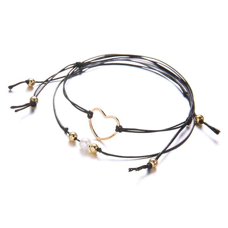 2 Pcs/Set Retro Heart Love Beads Leather Multilayer Adjustable Cuff Bracelet Set Women Fashion Clothing Accessories | Украшения и