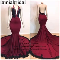 sexy burgundy backless mermaid prom dresses 2k19 black lace appliques plus size halter black girls 2019 vestidos de fiesta largo