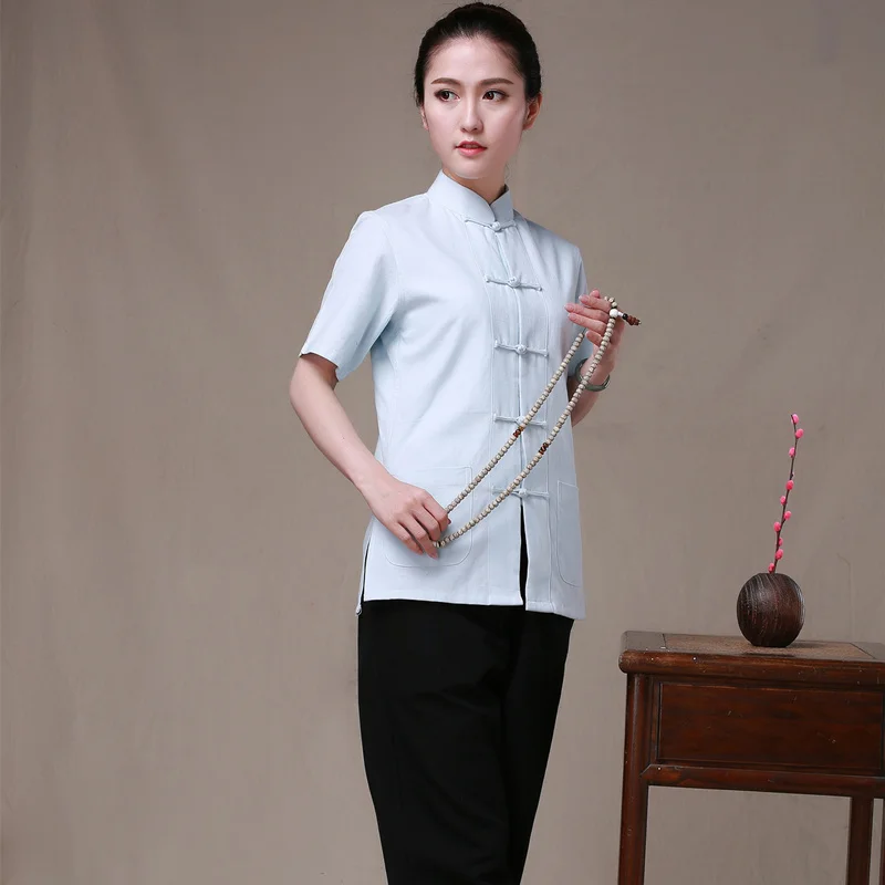 Sky Blue Новая летняя женская одежда для кунг-фу, женская униформа Wudang Tai Chi, костюм танга с коротким рукавом в традиционном китайском стиле, рубашка, 7 цветов - Цвет: Sky Blue