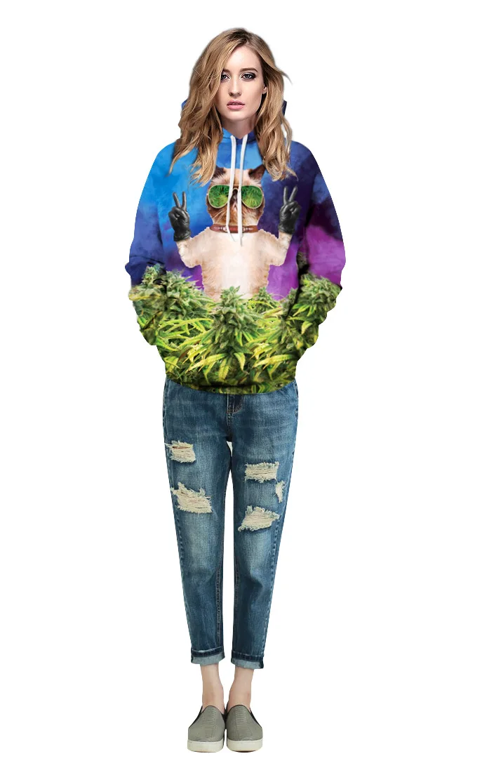 3d Prited Hoodies And Sweatshirts Woman Long Sleeve Hoody Women Autumn Femmes Cannabis Leaf Cat Digital Prints Hoodie | Мужская одежда