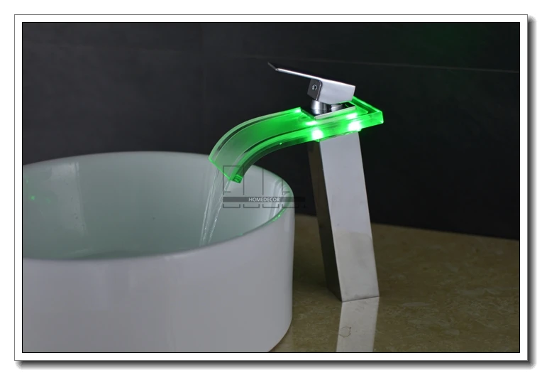 Светодиодный смеситель для ванной комнаты высокий водопад стеклянный раковины 3