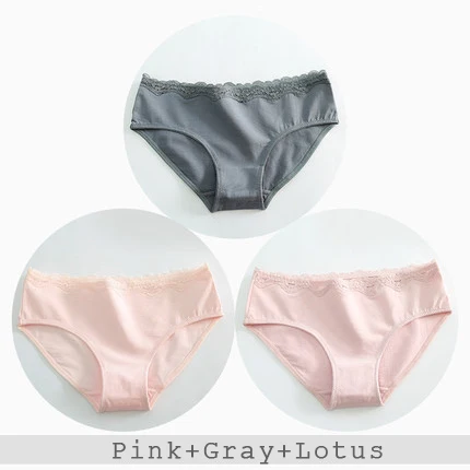 Pink Gray Lotus 3 шт./лот, кружевные хлопковые трусики, женское нижнее белье, дышащие трусы для девочек, женские трусики со средней талией, бесшовные трусы DULASI - Цвет: Pink Gray Lotus