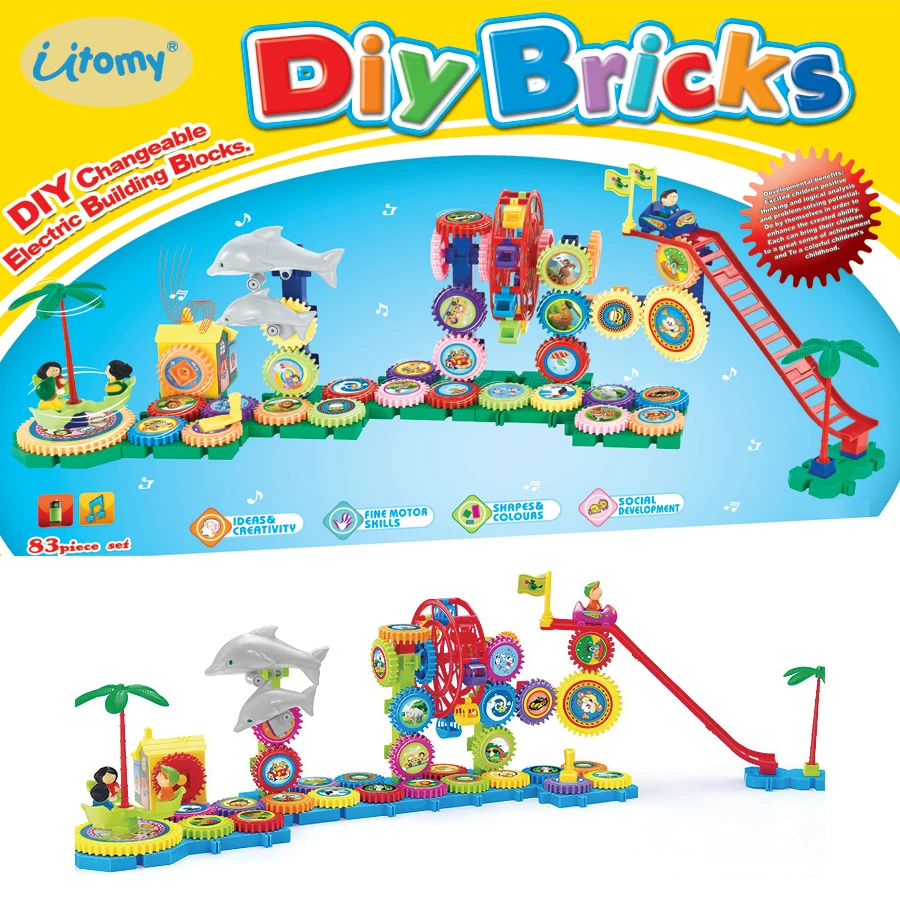 

DIY Bricks Electronic Building Gears Small Playgound,Interlocking Gears Toy Playset STEM toys 37-83PCS Amusement park with music