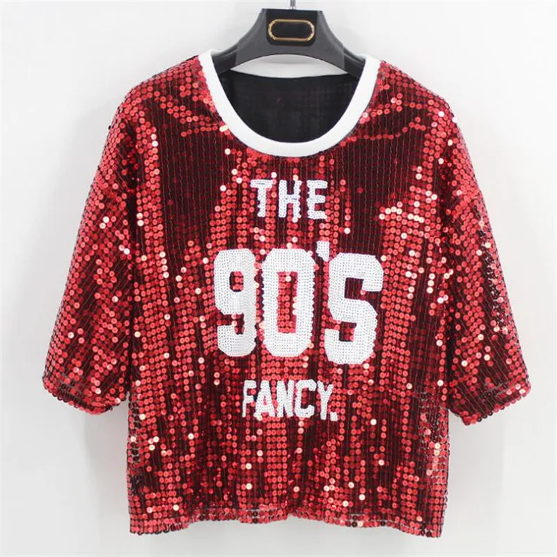 Женская футболка для ночного клуба блестящая женская с буквами и блестками