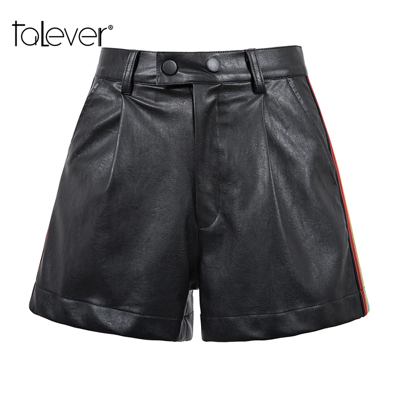 Женские повседневные кожаные шорты с высокой талией на молнии тонкие черные 2019