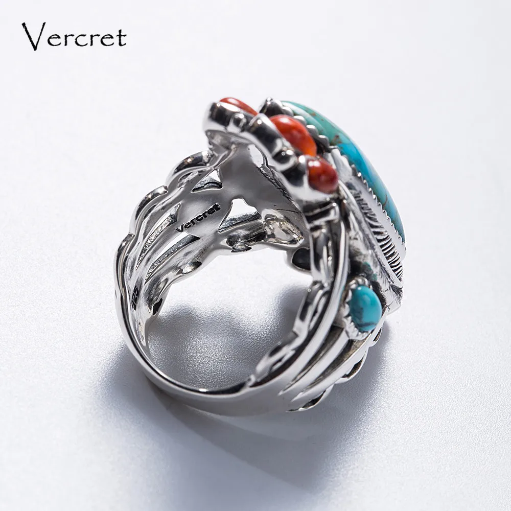 Vercret 925 Серебряное богемское кольцо натуральный бирюзовый камень чистое серебро S925 Твердые серебряные кольца для женщин ювелирные изделия