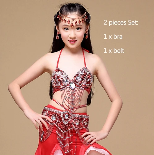 Red 2pcs bra belt Новейшая одежда для восточных танцев живота для сцены комплект из 3 предметов Бюстгальтер Пояс юбка Детский костюм для танца живота для девочек - Цвет: Red 2pcs bra belt