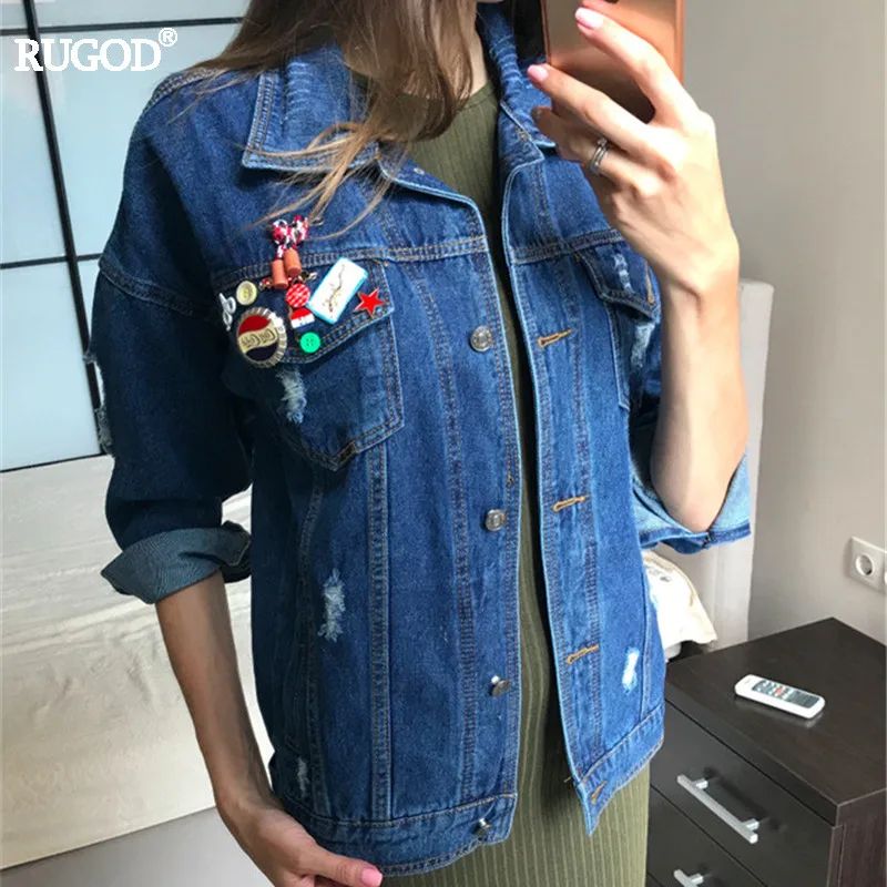 2019 Винтаж моды мыть водой деним нашивка на куртку свободные BF джинсовая куртка