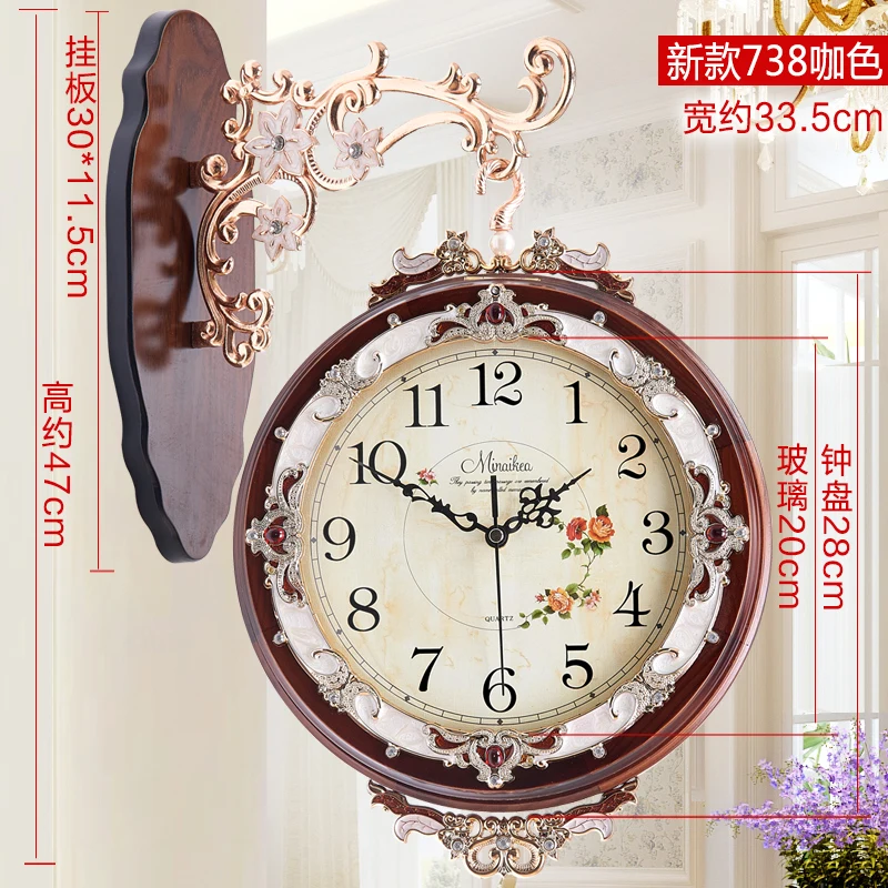B-33X47cm European antique double-sided living room wall clock large mute fashion garden simple creative modern quartz - Цвет: B-33X47cm