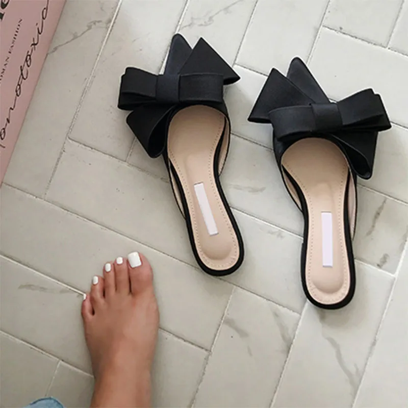 2018 spring and summer women's shoes Korean silk satin Pointed bow tie slippers Baotou flat heel sets semi slippers