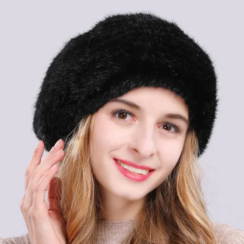 black Новинка, стильные зимние шапки из натурального меха норки, женские вязаные шапки из натурального меха норки, женские эластичные шапки из меха норки - Цвет: black
