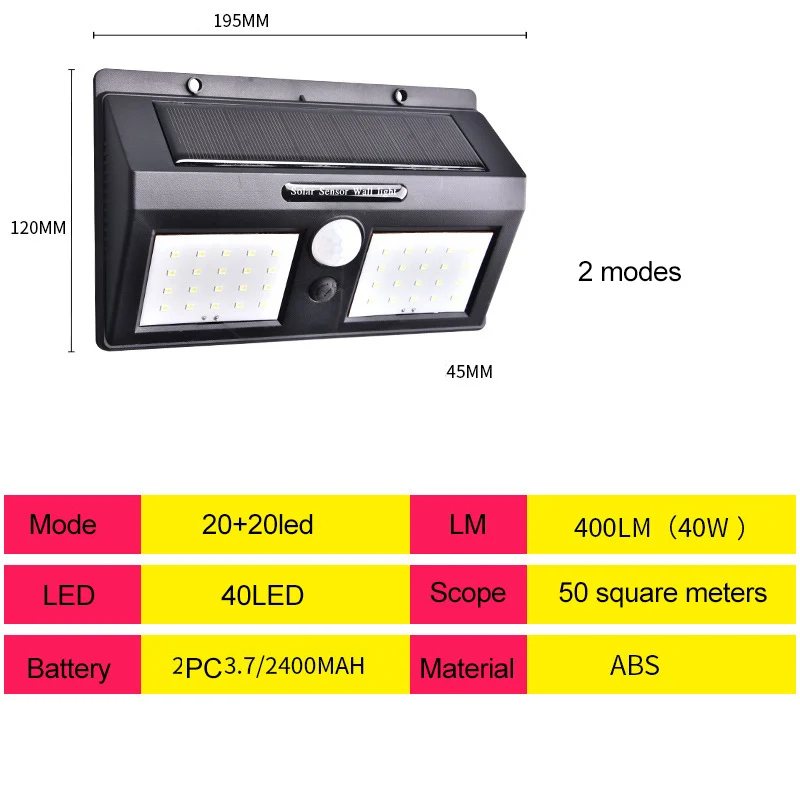40led 2 modes Солнечная лампа светодиодный настенный солнечный светильник Открытый охранный светильник ing с датчиком движения детектор сад задняя дверь шаг 270 градусов удлинить - Испускаемый цвет: 40led 2 modes