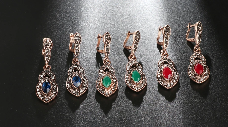 Серьги-капли с модным голубым камнем с черными кристаллами для женщин, турецкие Антикварные Золотые клипсы, винтажные богемные ювелирные изделия