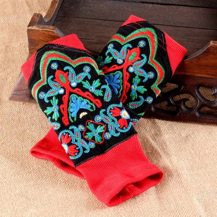 Китайские традиционные осенние зимние вязаные перчатки с вышивкой павлина, длинные женские перчатки с цветочной вышивкой