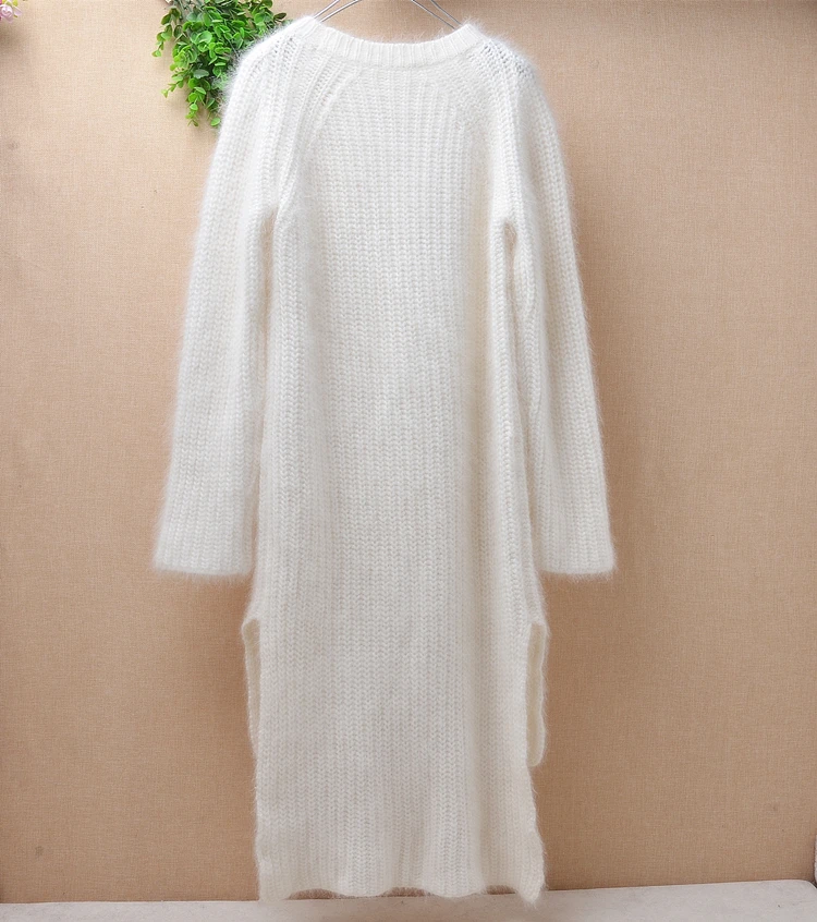 Elegant fashion women winter white long small size slim plush angora rabbit fur o-neck sleeves pullover sweater knit dress | Женская