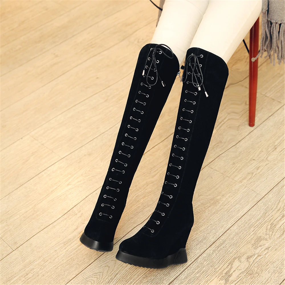 Модные Женщины Зима Колено Сапоги Высота Inclreasing Каблуки Замши Длинные Черный