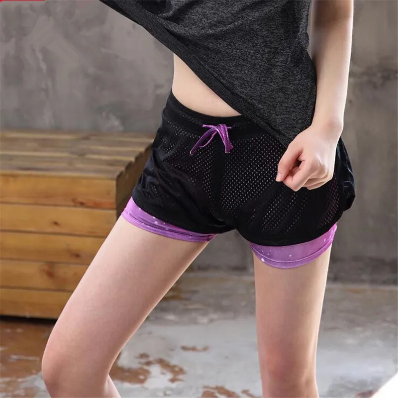 Поддельные 2 шт. Женщины Спорт Фитнес Йога Шорты 2017 Спортивные Стволы Дамы