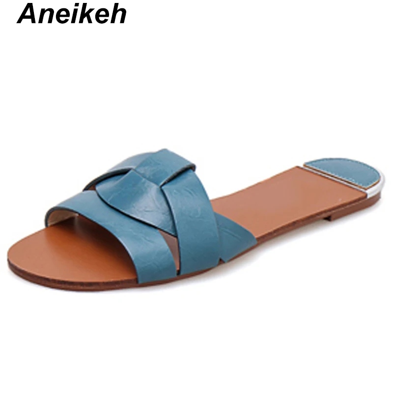 Blue Aneikeh/ г. Модные женские пляжные балетки на плоской подошве для отдыха пикантные женские туфли из PU искусственной кожи с круглым носком женские шлепанцы для улицы, Размеры 35-39 - Цвет: Blue
