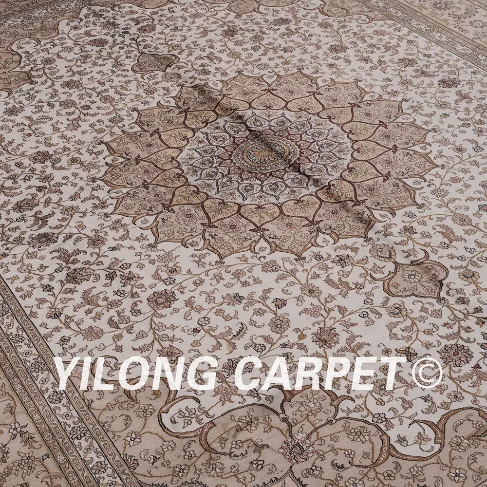 Yilong 9'x12' персидский шелковый ковер бежевый античный турецкий ручной работы