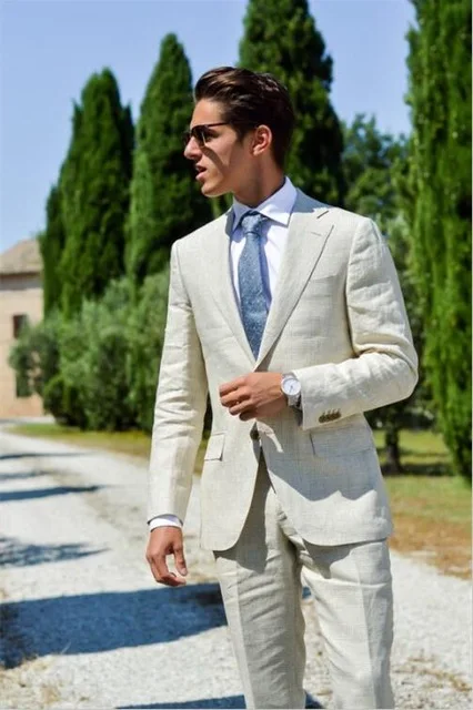 Costume D Ete En Lin Pour Homme 2 Pieces Ivoire Blanc Decontracte Pour La Plage Le Mariage Le Meilleur Marie Le Bal Le Smoking Le Blazer