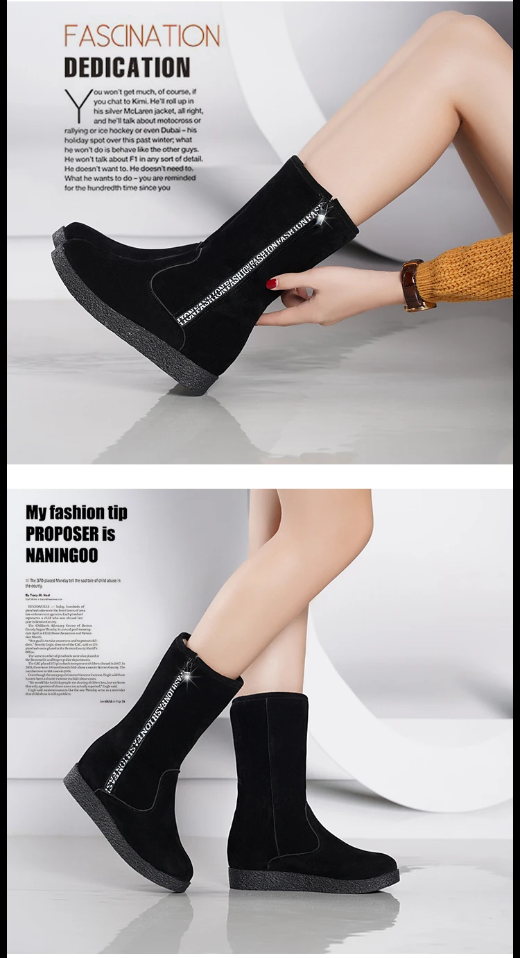 Модные женские зимние ботинки черного цвета; Утепленные ботинки; zapatos de mujer; ботинки-трубы на плоской подошве, на молнии, средней высоты; Каблук 5 см