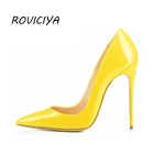 Женские женские туфли на высоких каблуках туфли на высоком каблуке с острым носком из лакированной кожи; Желтые женские туфли на шпильке 12 см; QP002 ROVICIYA