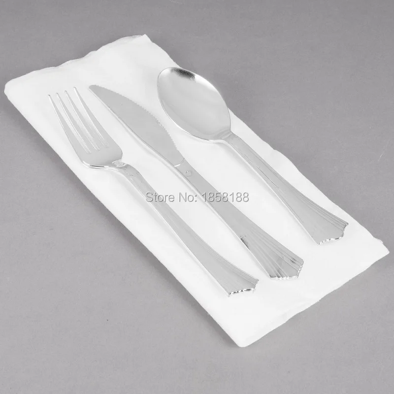 

120 People Disposable Wedding Dinnerware Tableware Hard Plastic Plates Silver Rim With Shiny Silver Cutlery Fork/Spoon/Knife