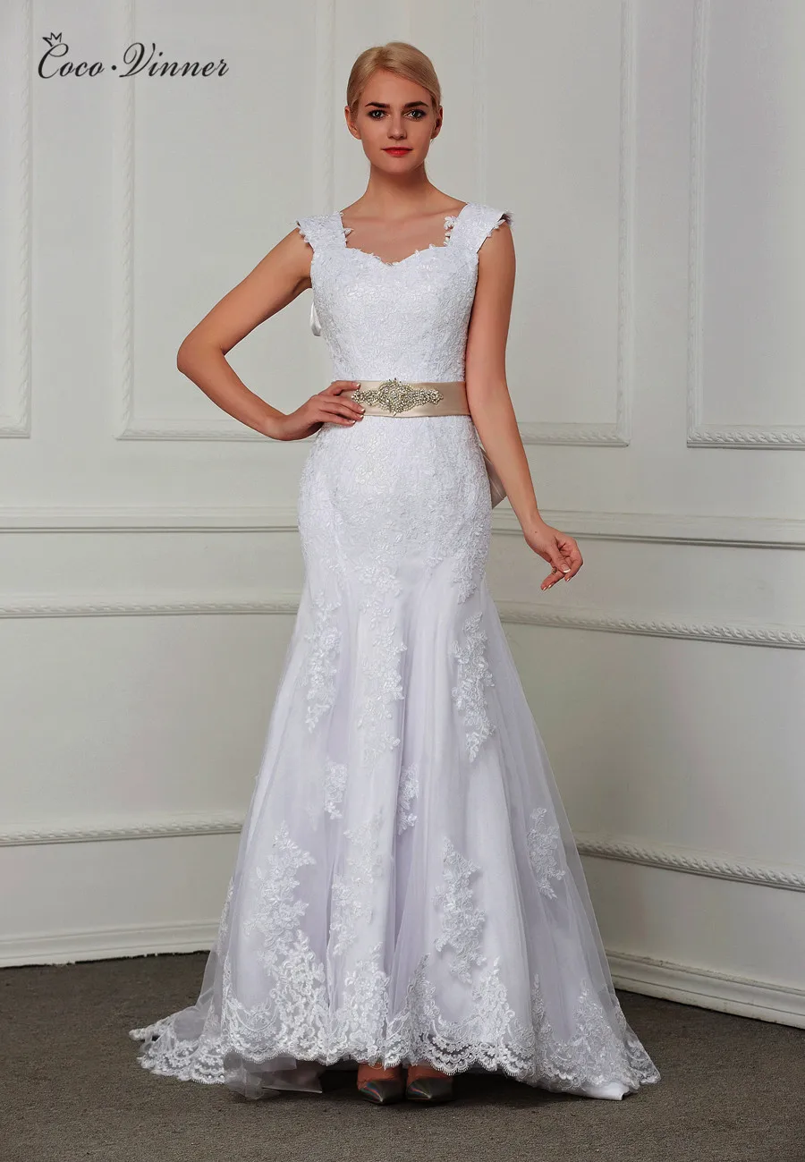 

Double Shoulder Cap Sleeve Vintage Mermaid Wedding Dresses With Belt Lace Appliques Custom Made Plus Size Bridal Gowns W0070