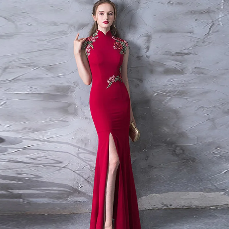 Высокое качество вышивка современный Cheongsam красный сексуальный Qipao длинное традиционное китайское платье Восточный стиль платья Vestido De China