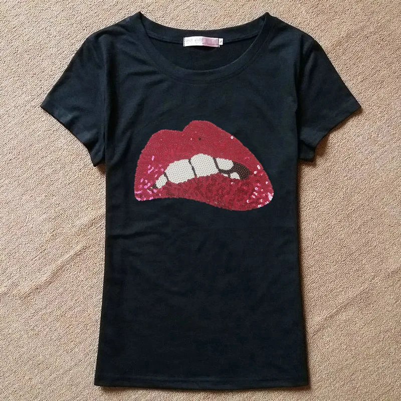 Женская футболка с красными губами Повседневная блестками для фитнеса лето