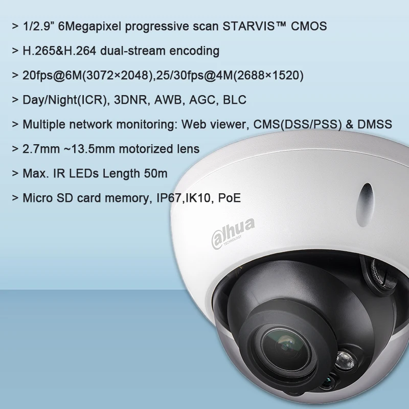Оригинальная Dahua IPC-HDBW5631R-ZE 6MP WDR IR купольная сетевая камера с макс. ИК-светодиодами