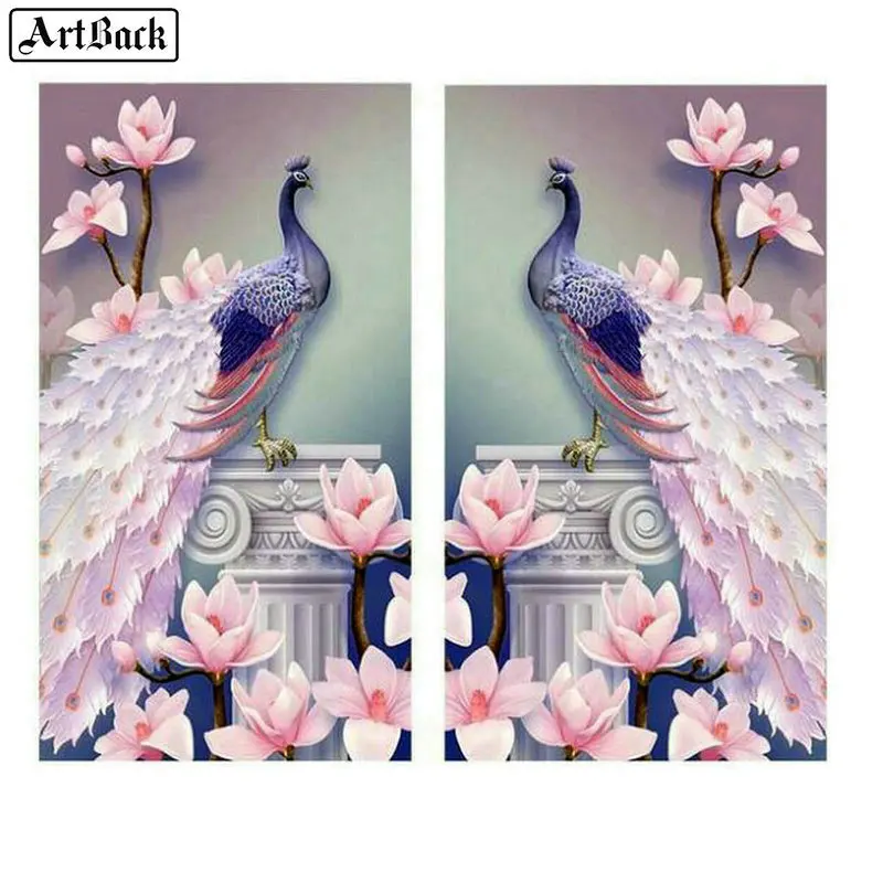 

New Peacock flower diamond painting diy 5d full square drill mosaic 3d round diamond embroidery living room decoration 2pcs set