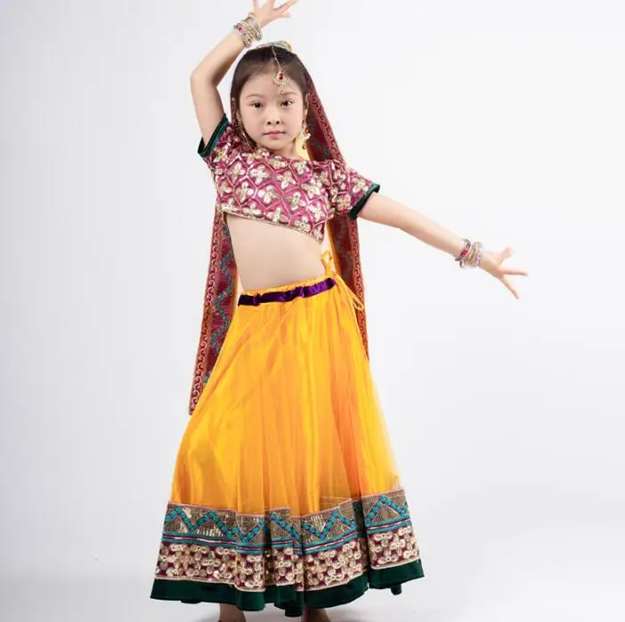 Индийский Sarees традиционный танцевальный костюм для девочек Lehenga Choli с вышивкой