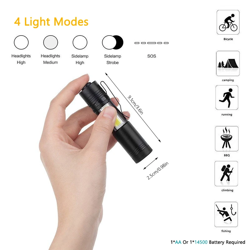 2000LM Mini Portable LED Flashlight Q5&ampCOB Work Light lantern Powerful Pen Torch 4 Modes Waterproof Lamp AA battery power | Лампы и
