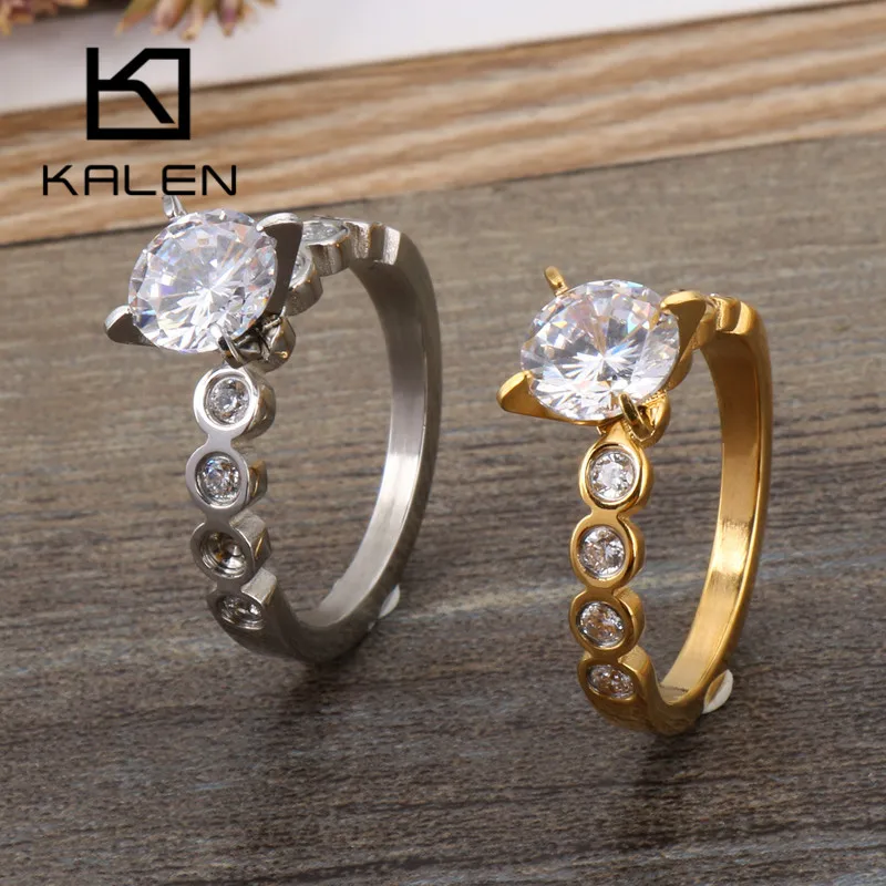 

Kalen Bohemia Lovers' Rings Gold Color Stainless Steel Rings For Women Men Zircon Wedding Bands Engagement Anniversary Jewelry