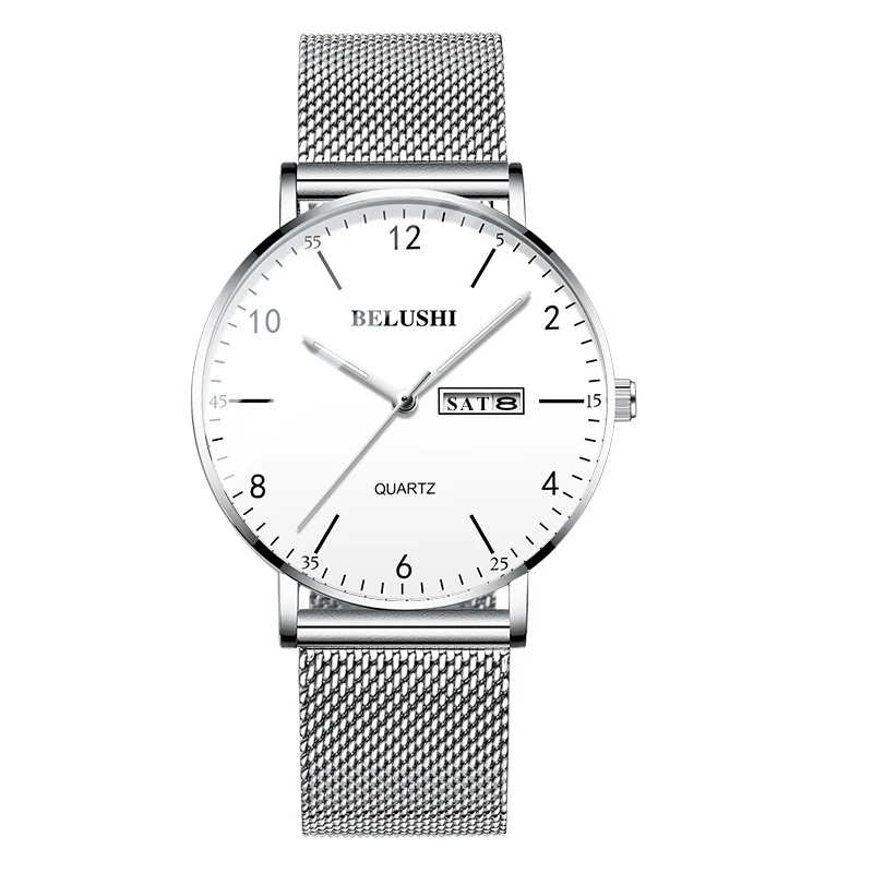 Steel Silver White Мужские часы, ультра тонкие, стальные, сетчатые, кварцевые наручные часы, двойной календарь, простые, черные, мужские часы Hodinky, мужские часы, Relogio Masculino - Цвет: Steel Silver White