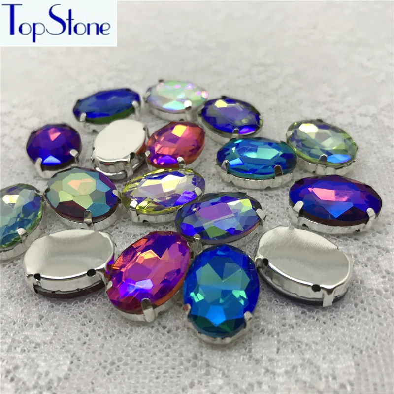 Стразы из стекла высокого качества с овальной формой и цветом когтей AB на металлической основе с пряжкой для одежды.