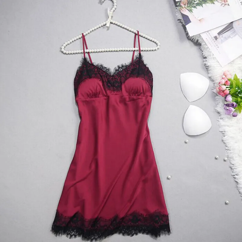 

New Fashion Hot Sale Sexy Lace Nightdress Silk Sling Ice Silk Detachable Chest Pad Home Service Nightdress