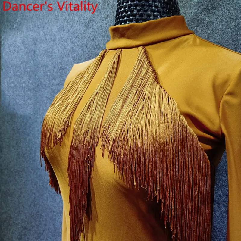 

Latin Dance Garments Adult Women Performance Costume Long Sleeves Backless Color Blocking Tassel Dress Rumba Samba Tango Dance
