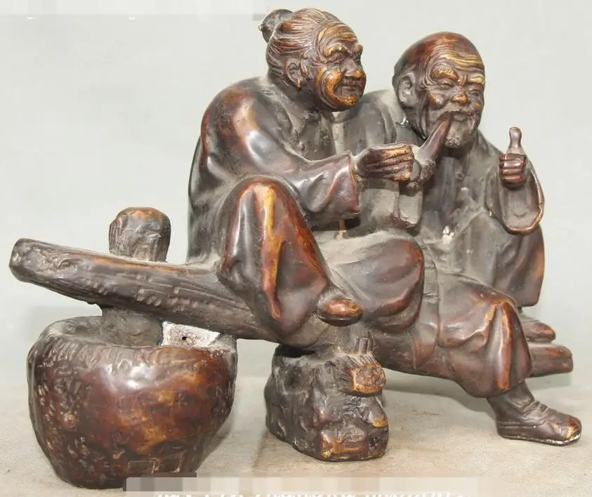 11&quotChina Bronze Gilt Grandpa Grandma Old Man Woman Fall In Love Happiness Statue | Дом и сад