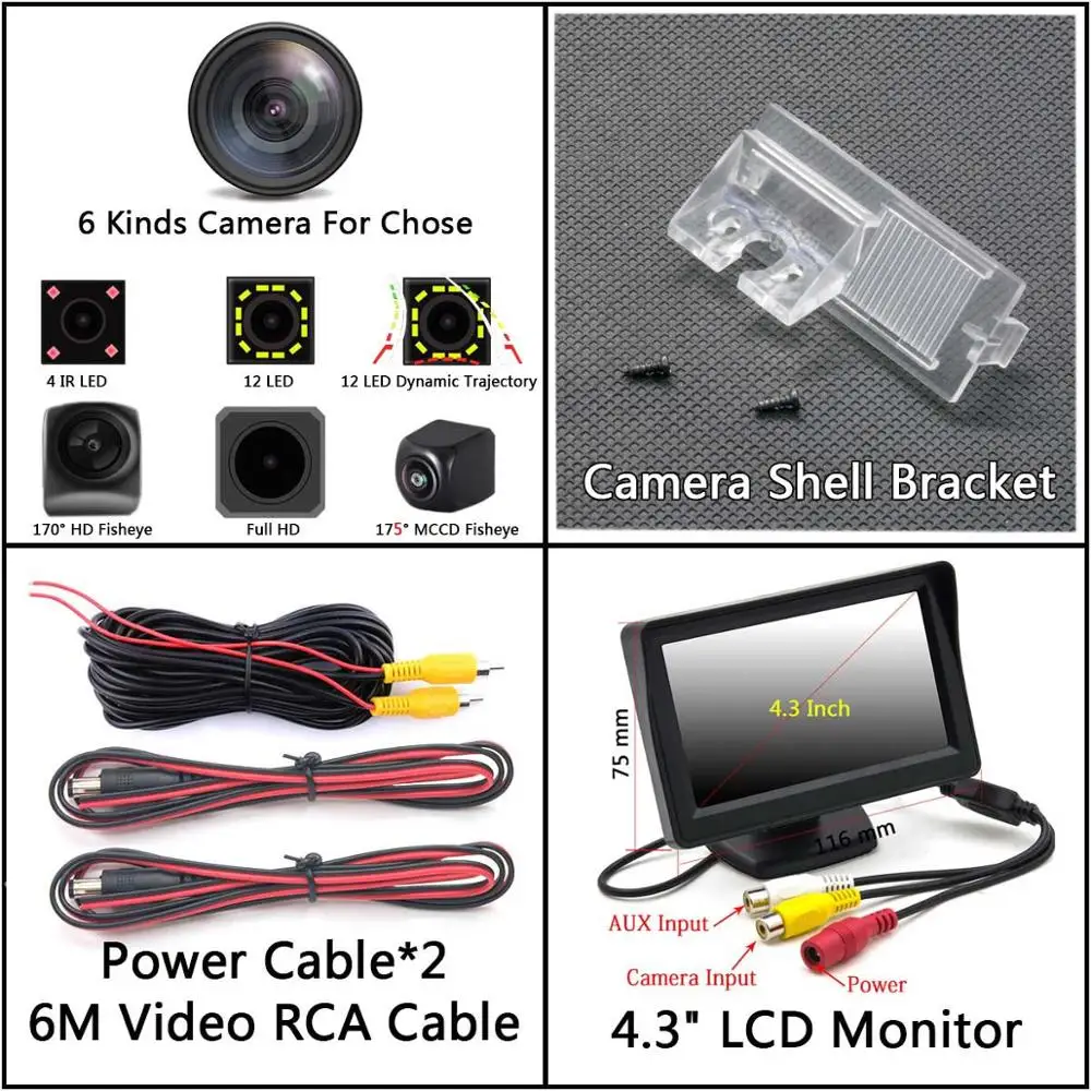 Camera 4.3 inch LCD Full HD 12LED динамическая траектория заднего вида камера для peugeot 301 308 405 508 C4 C5 3008 307 хэтчбек Citroen E-Elysee C-Quatre - Название цвета: Camera 4.3 inch LCD
