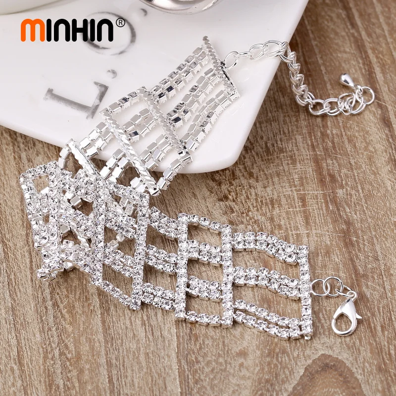 MINHIN Bracelet For Women Sparkling Rhinestone Mosaic Geometric Design Wide Hollow Bangles Wedding Jewelry | Украшения и