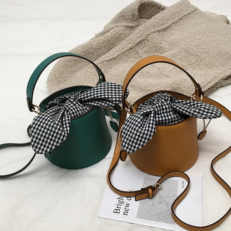 Новинка 2019 сумка мешок Женская клетчатая из искусственной кожи с бантом
