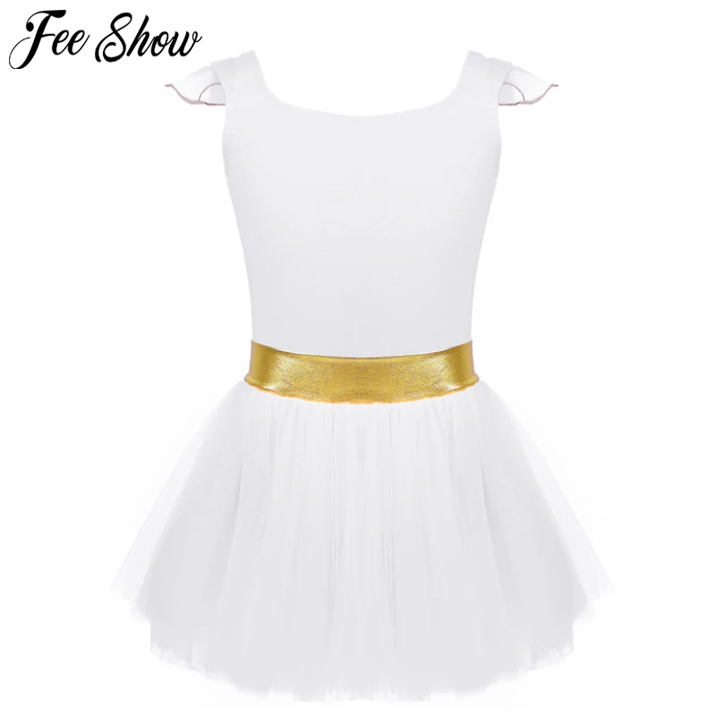 

От 3 до 8 лет Детское балетное лирическое платье для девочек Сетчатое платье-пачка с рукавами-крылышками и золотым поясом для балета и гимнастики