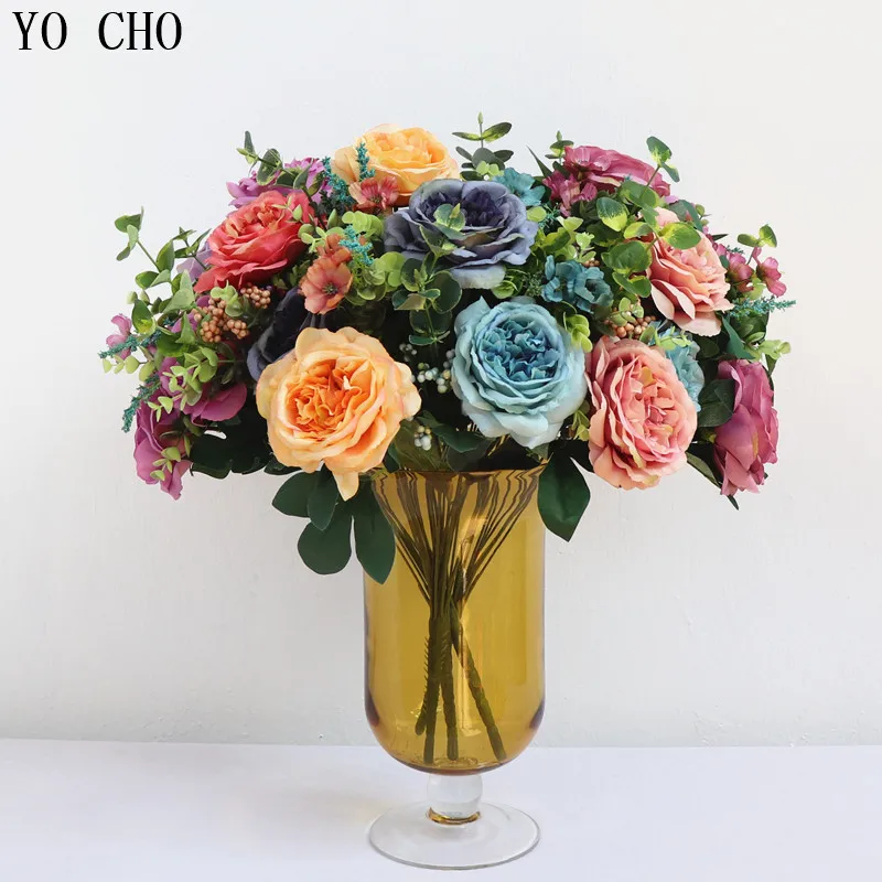 

YO CHO artificial flowers peonies big flower heads plastic Hibiscus silk rose bouquet silk flowers bridal bouquet fake flowers