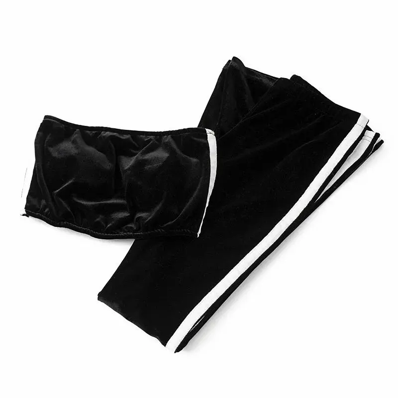 

2018 Spring Women new velvet sets sexy strapless+flare pants velvet tracksuits clothing womens fashion crop top two piece set