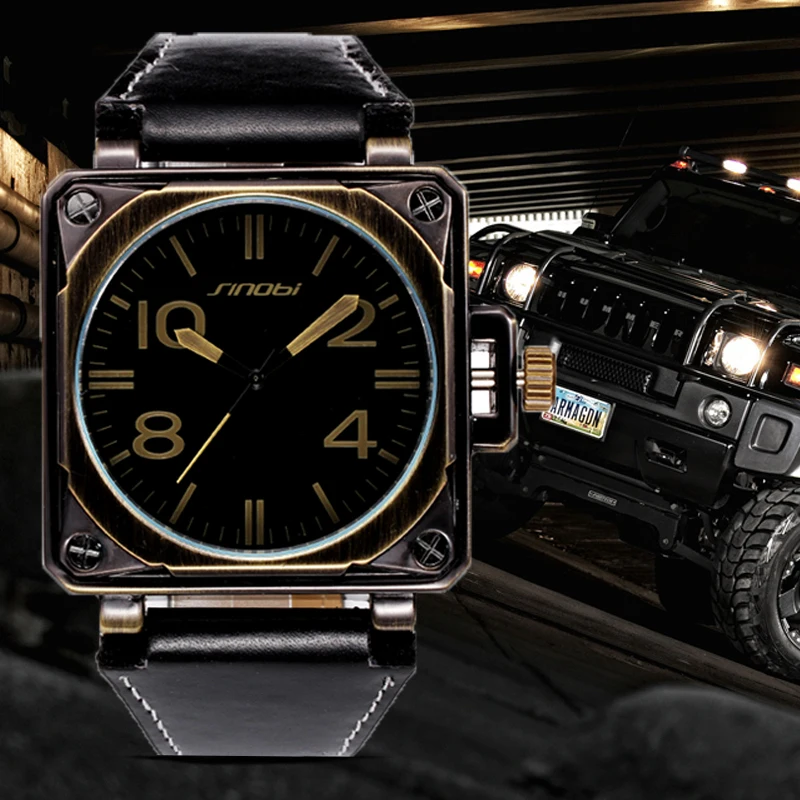 Часы наручные SINOBI Мужские кварцевые в стиле милитари с кожаным ремешком|saat men|saat