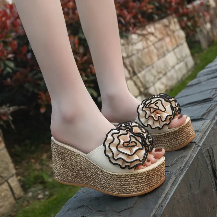 На очень высоком 9 см Летние босоножки на танкетке Тапочки Для женщин каблуке