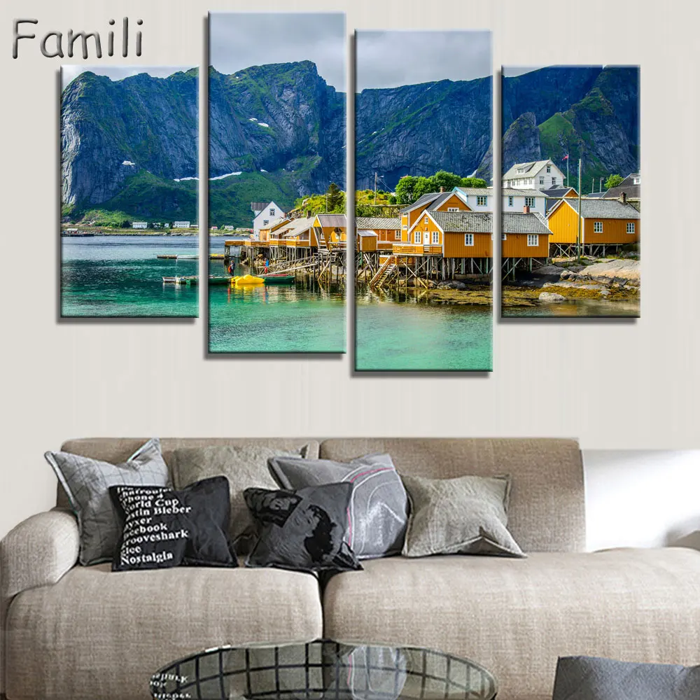 

4pieces of modular landscape canvas art Norway Lofoten Coast Winter HD print on the canvas for living room modern home painting
